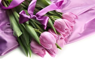 Картинка бантик, фиолетовый, тюльпаны, букет, ленточка