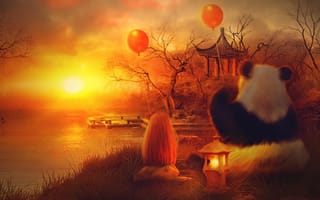Картинка девочка, закат, оранжевый, озеро, дом, фонарь, шарики, деревья, панда, солнце