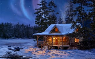 Картинка Darrell Bush, дом, Evening Performance, ночь, зима, живопись, деревянный, сияние, ручей, звезды, снег, лес, вода, бревенчатый, свет