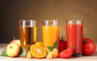 Картинка соки, апельсиновый, помидоры, овощи, яблоки, томатный, фрукты, стаканы, апельсины, яблочный