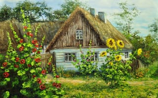 Картинка село, деревня, дом, зелень, лето, цветы