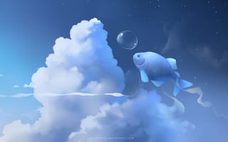 Картинка apofiss, облака, пузырь, рыба, голубой