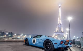 Картинка Ford, eiffel tower, Париж, голубой, light, Paris, gt40, blue, night, Эйфелева башня, фонари, форд