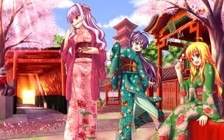 Картинка арт, еда, девушки, сакура, кимоно, врата, солнечные лучи