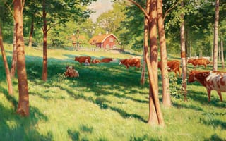 Картинка картина, деревья, Johan Krouthen, деревня, пейзаж, ограда, коровы, дом, пастбище, лето, лес, луг