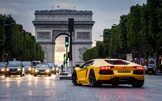 Картинка Lamborghini Aventador, cars, Париж, night, Paris, yellow