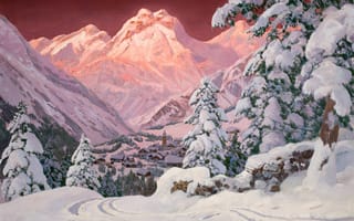 Картинка Alois Arnegger, Зима, елка, горы, Альпы, розовый, снег, домики, закат