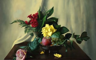 Картинка картина, столик, цветы, розы, папоротник, ландыши, натюрморт, гвоздики, ягоды, яблоки, фрукты