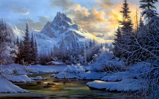 Картинка тайга, дымок, снег, избушка, природа, река, зима, ёлки