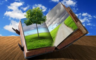 Картинка креатив, книга, дорога, трава, облака, дерево