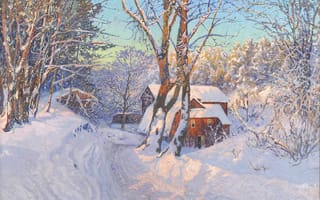 Картинка Anshelm Leonard Schultzberg, снег, домик, пейзаж, рассвет, зима