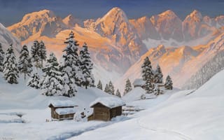 Обои Alois Arnegger, елка, пейзаж, .Зима, Альпы, снег, горы, золотой