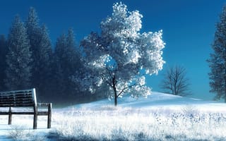 Картинка арт, деревья, лавочка, скамейка, снег, зима