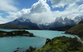 Картинка bridge, river, Patagonia, река, дорога, облака, горы, sky