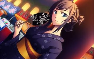 Картинка арт, yumemizuki, веер, девушка, кимоно