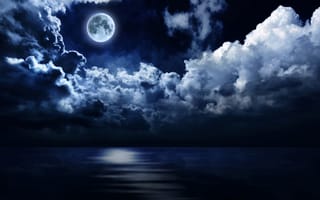 Картинка луна, горизонт, ночь, небо, облака, море