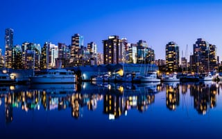 Картинка Vancouver, Ванкувер, Канада, яхты, океан, ночь, город, здания, Canada, небоскребы, пристань, вечер