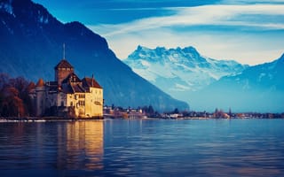 Обои Швейцария, Женевское озеро, город, горы