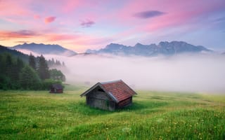 Картинка Michael Breitung, Германия, туман, вечер, домики, Альпы, Бовария