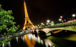 Картинка La tour Eiffel, Paris, мост, Сена, Eiffel Tower, Франция, ночь, река, Париж, Эйфелева башня, город, свет, France
