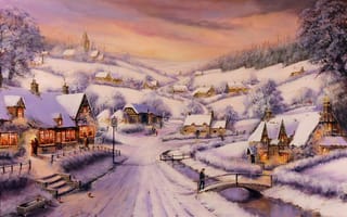 Картинка картина, лес, деревья, зима, люди, вечер, Gordon Lees, дорога, домики, мост, река, снег