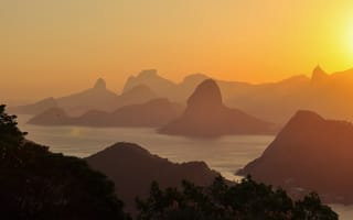 Картинка Бразилия, небо, холмы, море, закат, золотой, горы