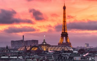 Картинка огни, Эйфелева башня, дома, панорама, зарево, вечер, Франция, Париж