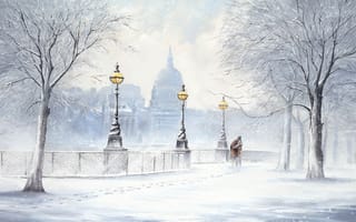 Картинка картина, бульвар, следы, двое, зима, улица, город, фонари, снег, снегопад, Jeff Rowland, деревья