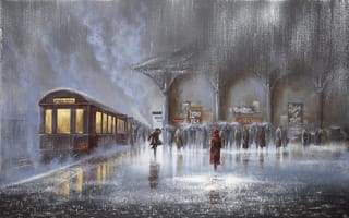 Картинка картина, ливень, зонтики, дождь, двое, женщина, люди, Jeff Rowland, встреча, вагон, поезд, перрон, вокзал, мужчина