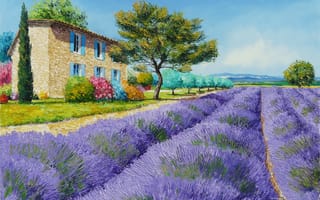 Обои картина, арт, кусты, Прованс, деревья, поле, горы, Jean-Marc Janiaczyk, лаванда, пейзаж, цветы, дом