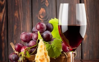 Картинка бокал, сыр, красное, виноград, вино, листики
