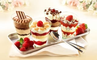 Картинка десерт, шоколад, стаканы, крем, ложки, сладкое, малина