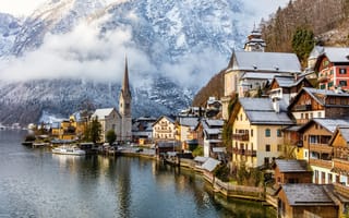 Картинка Альпы, дома, озеро, Гальштат, горы, Hallstatt, Austria, Lake Hallstatt, Австрия, Гальштатское озеро, Alps