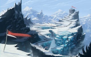 Картинка обрыв, флаги, ветер, горы, холод, снег, арт, форт, скалы