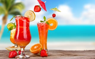 Обои fruit, пляж, tropical, sea, море, коктейль, drink, fresh, summer, paradise, cocktail, фрукты, beach