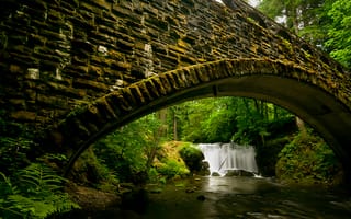 Картинка мост, камни, лес, водопад, вода