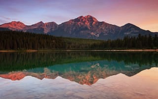 Картинка Национальный парк Джаспер, Канада, горы, вода, озеро Патриция, Пирамидная гора, лес, отражение