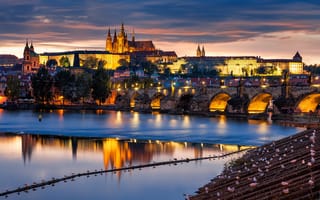 Картинка Prague, Прага, Czech, Praha, здания, город, Влтава, мост, архитектура, вечер, Чехия, река