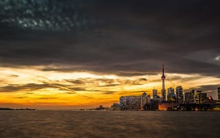 Картинка здания, озеро, вода, закат, вышка, Toronto, город