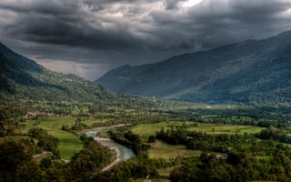 Картинка Словения, небо, Кобарид, река Соча, горы, лето, тучи, Aljaž Vidmar рhotography, HDR