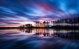 Картинка отражение, Балтийское море, закат, Швеция, берег, вечер, деревья, небо, облака
