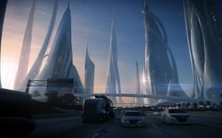 Обои арт, транспорт, небоскребы, будущее, дорога, город, машины