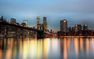 Картинка Нью-Йорк, New York City, Brooklyn Bridge, Бруклинский мост, город, East River, небоскребы, вечер, Ист-Ривер, NYC, USA