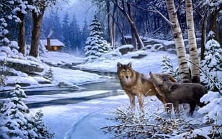 Картинка George Kovach, живопись, река домик, хижина, животные, волки, Return to Cabin Creek, лес, волк, снег, зима