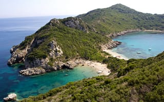 Картинка море, камни, Греция, скалы, побережье, Corfu, горизонт