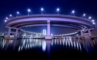 Картинка Япония, столица, огни, отражение, подсветка, Токио, ночь, залив, фонари, мост