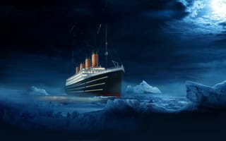 Картинка Titanic, Ночь, Судно, Облака, Титаник, Лайнер, Конец, Айсберг, Вода