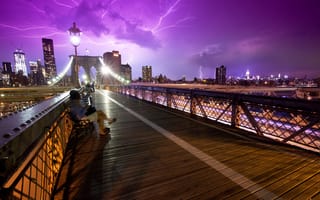 Картинка мост, город, люди, небо, нью йорк, шторм
