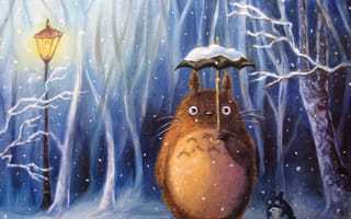 Картинка арт, фонарь, зима, снег, зонт, аниме, My Neighbor Totoro, villasukka, мой сосед тоторо, totoro, chibi totoro