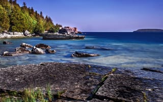 Картинка небо, деревья, камни, горизонт, Ontario, берег, Tobermory, Канада
